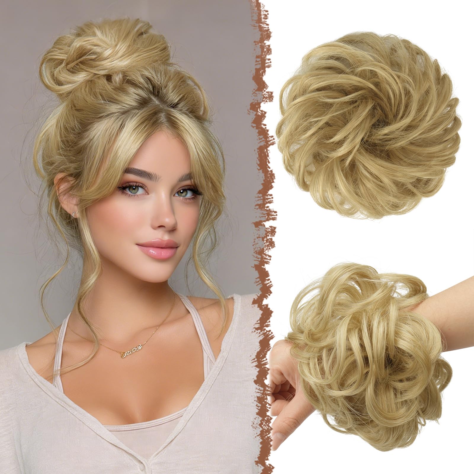FESHFEN Messy Bun Hair Piece Hairs Scrunchies Thick Curly Wavy Pony Tail Synthetic Accessories Donut Updo Hairpieces for Women Girls 55g, Gloden Blonde