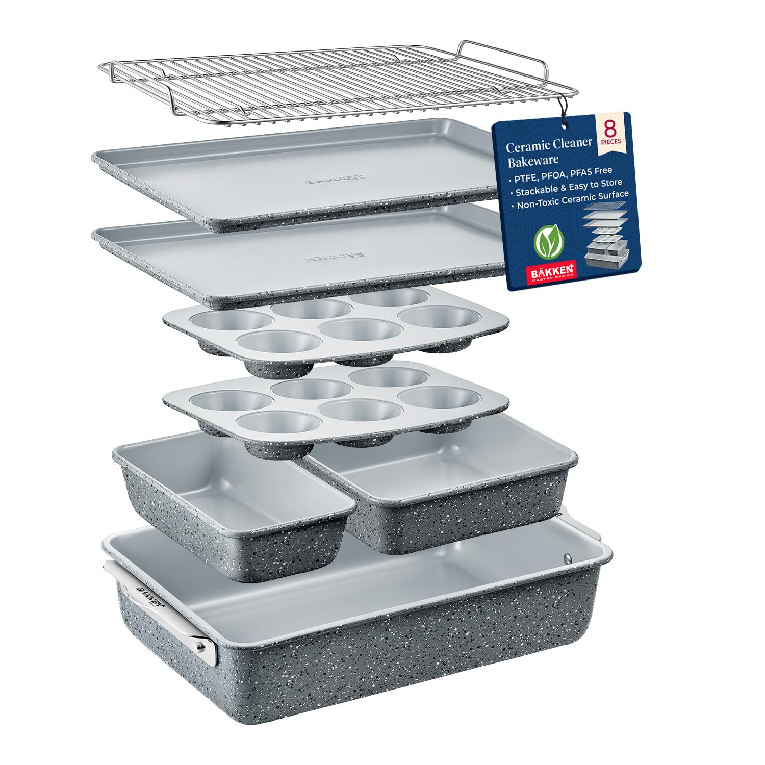 Bakken 8-Piece Stackable Bakeware Set - Ceramic Non-Stick Coating, Baking Sheets, Assorted Baking Pans, PTFE, PFOA & PFOS Free - Healthy Baking, Ergonomic Handles, Cooling Rack, Non-Toxic, Oven-Safe