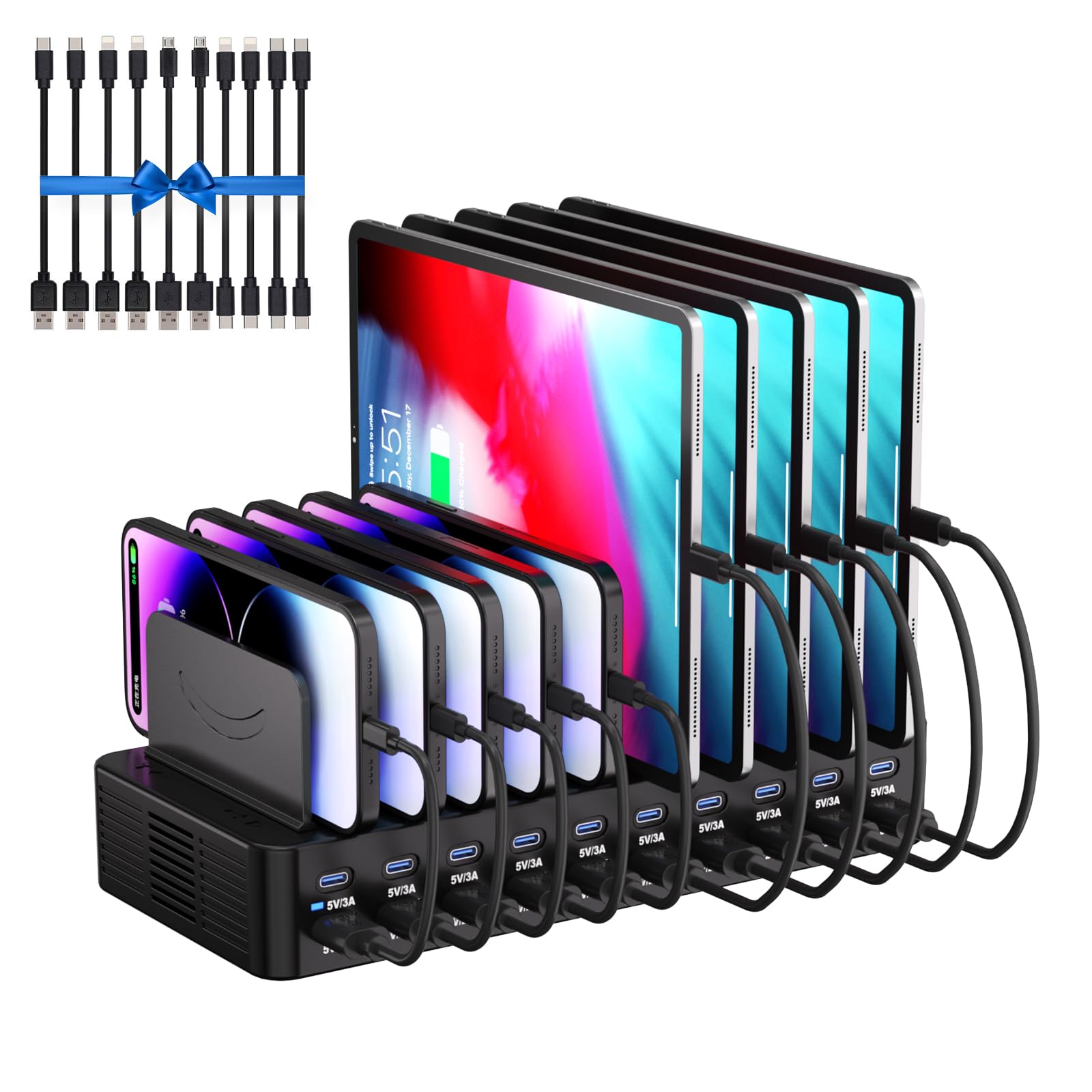 Photo 1 of 270W Charging Station for Multiple Devices, 20-Port USB Fast Charging Station with Adjustable Dividers & 10 Cables, Multi Device Organizer Charging Dock for iPhone, iPad, Tablets & More(Black)