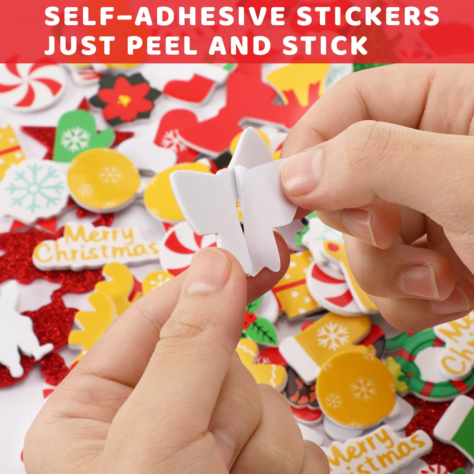 JULBEAR 300 Piece Christmas Foam Stickers - Glitter Self Adhesive Stickers for Crafts, Greeting Cards, Home & Party Decoration (Christmas Style)