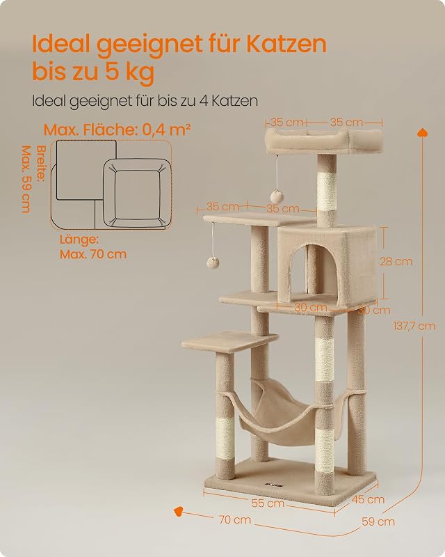 Kratzbaum, 137,7 cm hoch, mehrstöckiges Katzenhaus