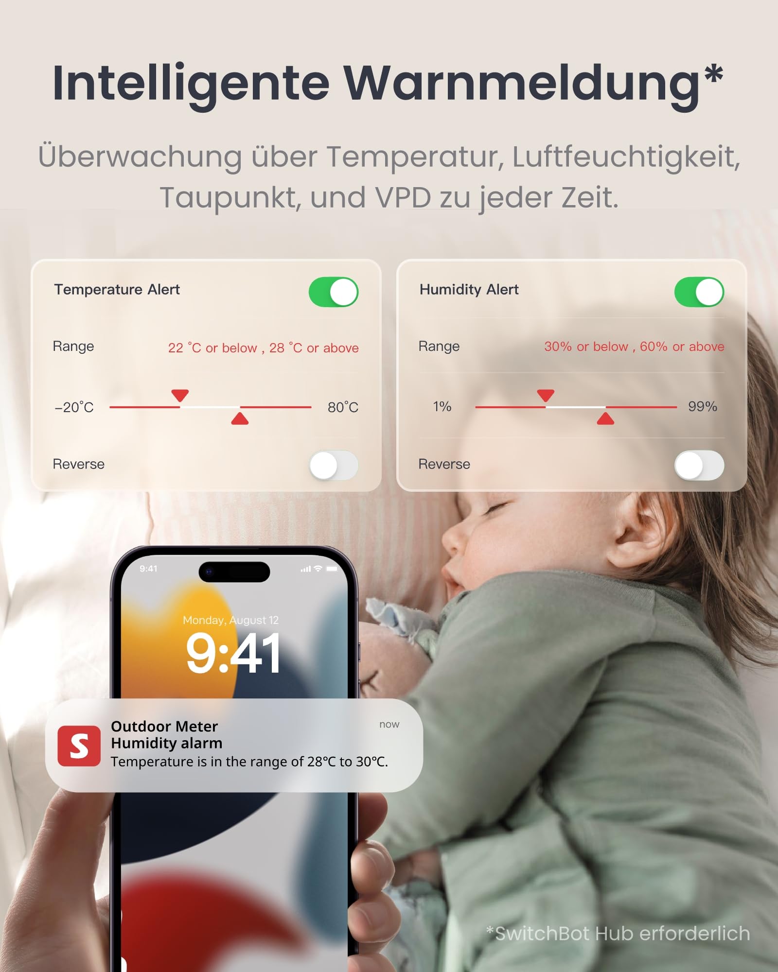 SwitchBot WLAN Hygrometer Thermometer Innen Außen 3er-Pack mit Hub Mini Matter, IP65 Wasserdichter Temperatur- und Feuchtigkeitssensor mit App Benachrichtigung und kostenlose Datenspeicherung 5
