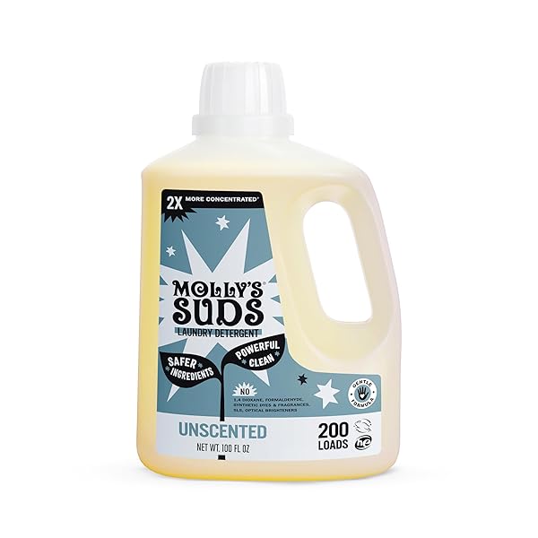 MOLLY’S SUDS LIQUID LAUNDRY DETERGENT | CLEAN LAUNDRY DETERGENT SOAP FOR SENSITIVE SKIN | 2X CONCENTRATED, HIGH EFFICIENCY (HE) (UNSCENTED – 200 LOADS)