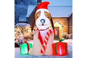 GOOSH 5 FT Christmas Inflatables Dog Outdoor Decorations Blow Up Dogs with Gift Box with Built-in LEDs for Xmas Party Indoor Garden Lawn Decor