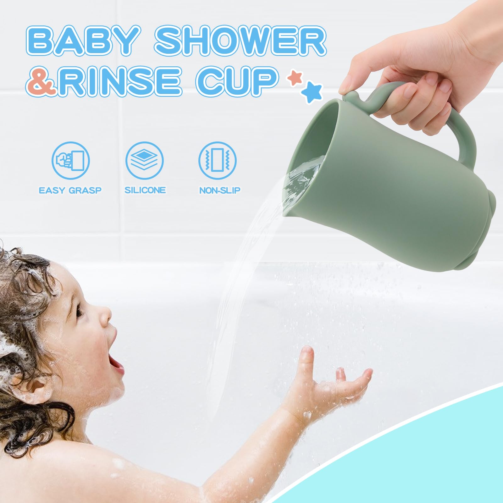 mandoo Baby Bath Rinse Cup - Food Grade Silicone - Shampoo & Body Washing Rinser Cup for Kids with Easy Grip Handle to Rinse Baby Shampoo and Soap - Baby Essentials (Light Green)
