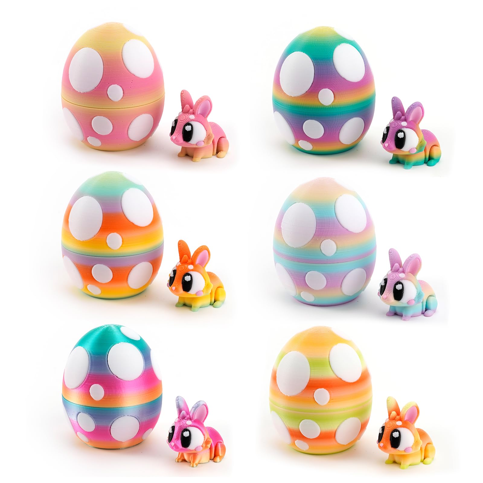 Kohimit 6PCS 3D Printed Easter Rabbits with Eggs, Poseable Bunny Fidget Toys,Easter Basket Essentials for Kids，Easter Basket Stuffers for Kids – Party Favors Ages 6–12