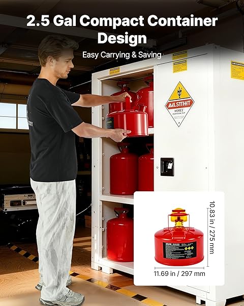 VEVOR SAFETY METAL CONTAINER, 2.5 GALLON TYPE I RED METAL CONTAINER FOR LIQUID MATERIAL WITH STAINLESS STEEL FLAME ARRESTER, SELF-CLOSING LID & PE FUNNEL, CARBON STEEL FLAMMABLE SAVING WITH HANDLE