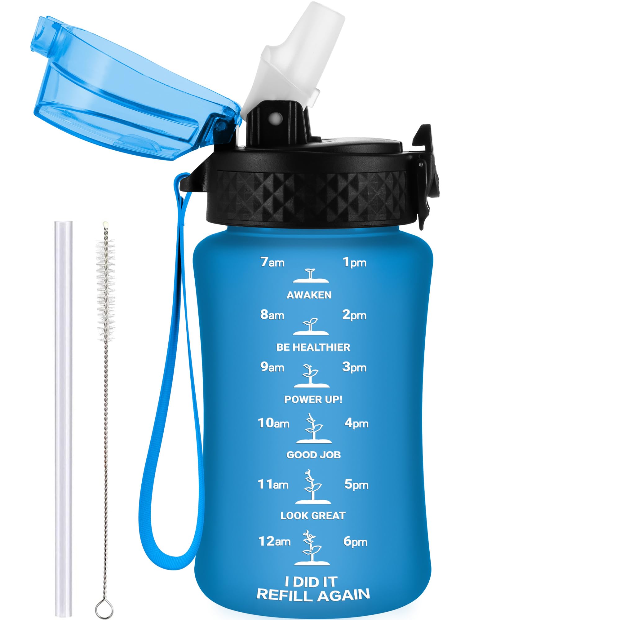 GOPPUS 350ml/12oz Kids Water Bottle With Straw Tritan Drinks Bottle with Strap Small Toddler Juice Bottles with Flip Top Lid Leakproof Children's Cup with Time Marking BPA free Girl Boy (Blue) — image 1