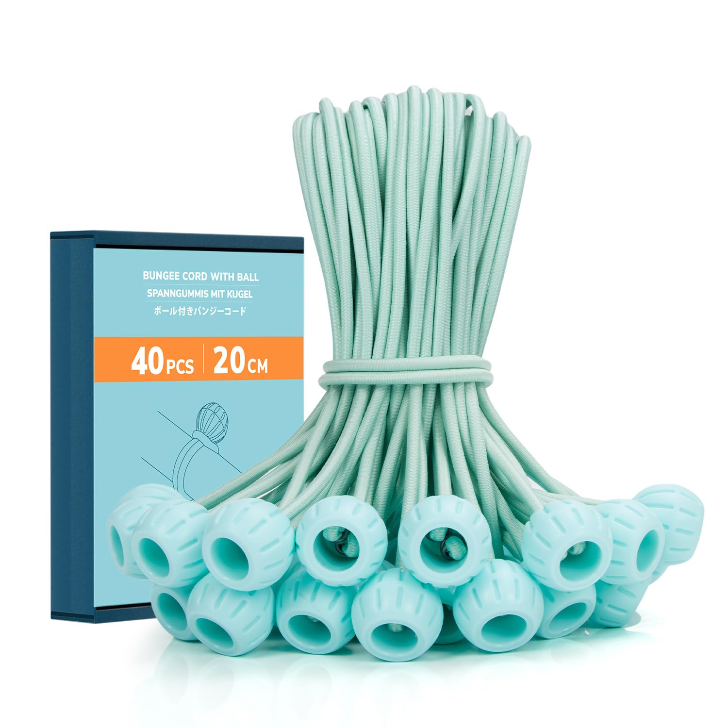 Abma Cord Bungee Cords with Balls 40Pcs x 20cm Bungee Ties with Ball Heavy Duty Tarpaulin Ball Bungee for Tarpaulin, Tent, Banners and Fixing - Mint