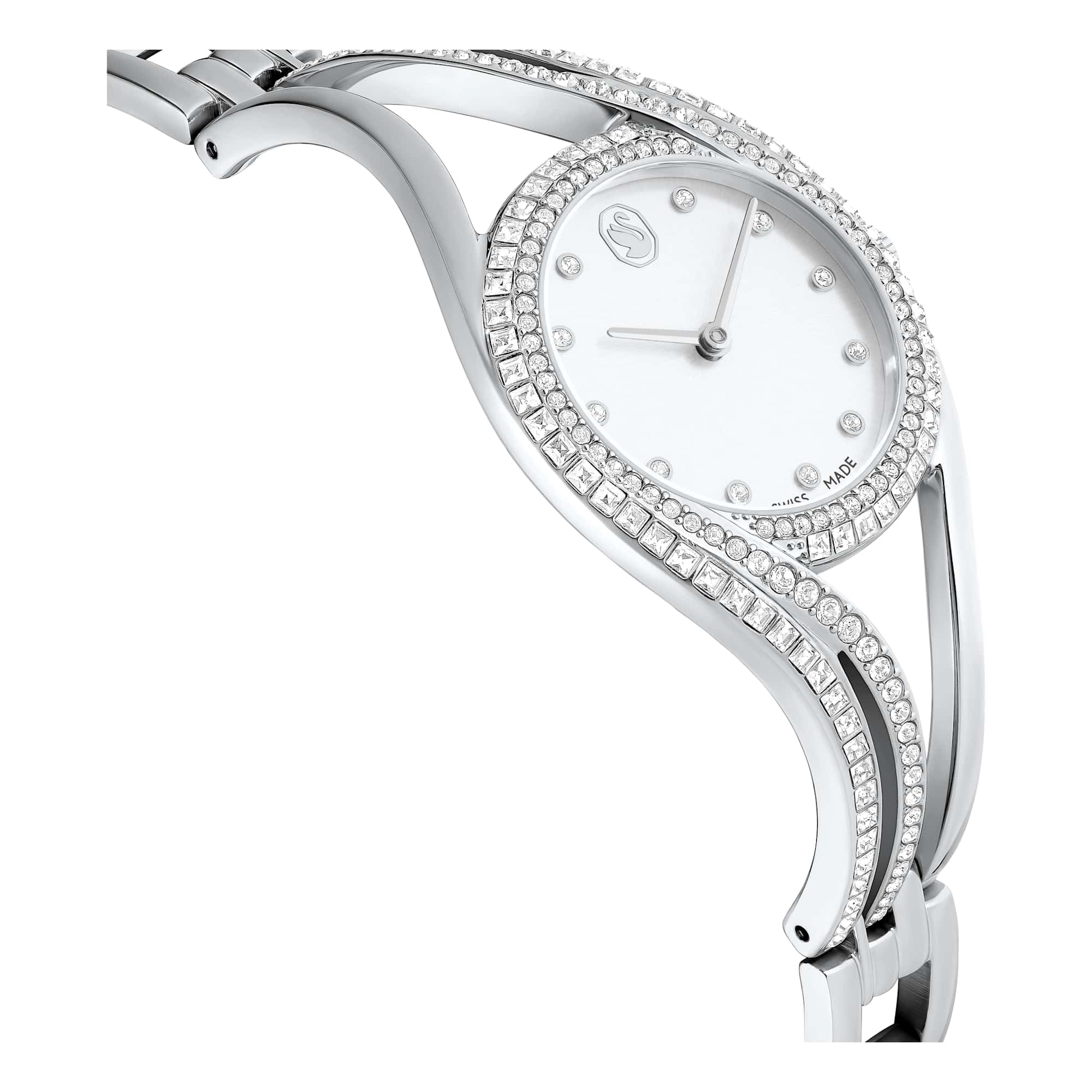 Swarovski Hyperbola Bangle Watch, Swiss-Made & Water-Resistant Stainless Steel Wristwatch, Silver-Tone Finish with Clear Crystals & Metal Bracelet Strap, Part of The Hyperbola Collection