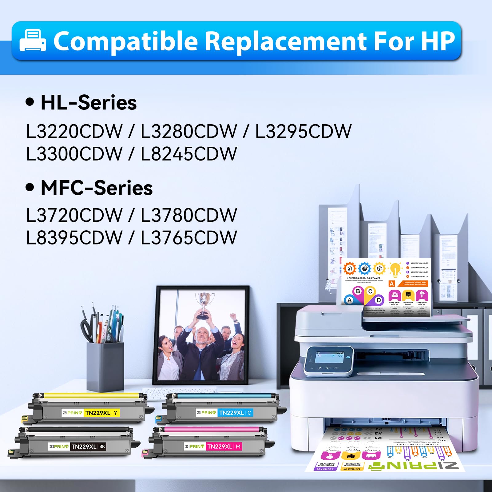 Condition photo showing New/Like New for ziprint tn229xl toner cartridges 4 pack compatible replacement for brother mfc-l3780cdw toner cartri