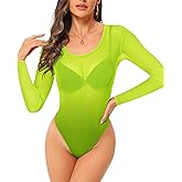 ZNVGIRL Womens Mesh Bodysuit Long Sleeve Top Crew Neck Sheer T Shirt Body Suit Leotard Blouse