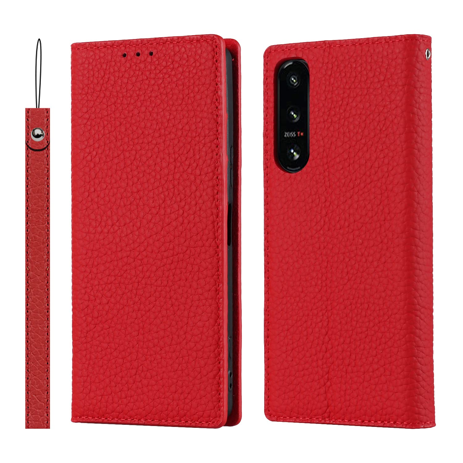 Cavor Phone Case Sony Xperia 5 IV,Genuine Leather Flip Wallet Case,[3 Card Slots][Magnetic Closure][RFID-Blocking],Protective Case Cover for Sony Xperia 5 IV - Red