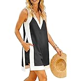 Hooever Women's Sleeveless V Neck Color Block 2 Piece Set Tunic Dress Top with Shorts Summer Beach Outfit with Pockets