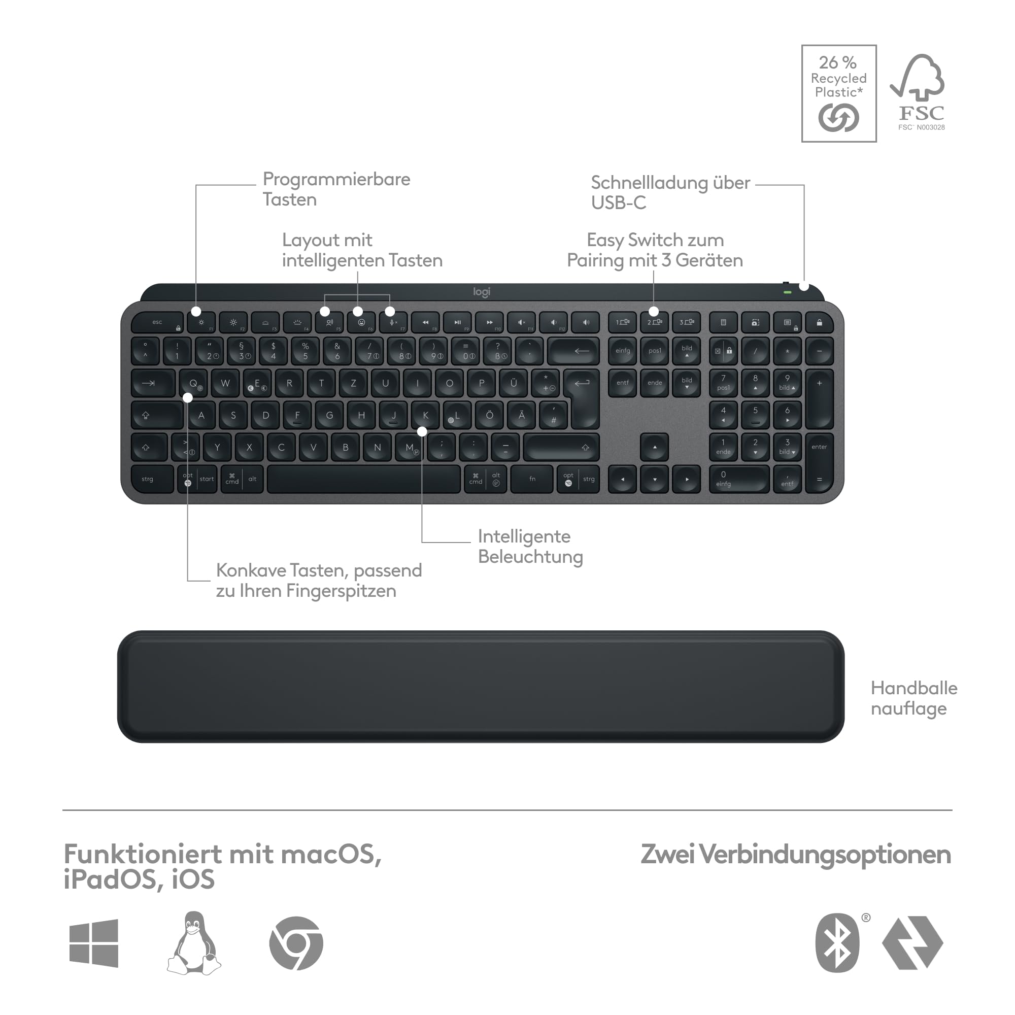 Logitech MX Keys S Combo: Leistungsstarke kabellose Tastatur und Maus mit Handablage,Customizable Illumination, Fast Scrolling,Bluetooth, für Windows/Linux/Chrome/Mac- Graphit, Deutsches QWERTZ-Layout 6