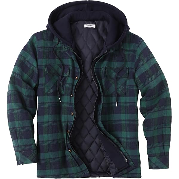 Hooded Flannel Jacket Men Sherpa Fleece Lined Full Zip Up Flannel