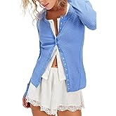 Women Waffle Long Sleeve Button Up Floral Tees Shirts Y2k Going Out Slim Fitted Cardigan Tops Blouse