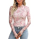 Floral Mesh Long Sleeve Lace Sheer Mockneck Trendy Cute Going Out Tops for Women Fall Fitted Sexy Fashion Outfits Clothes