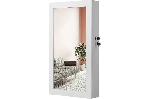 SONGMICS Lockable Jewelry Cabinet Armoire with Mirror, Wall-Mounted Space Saving Jewelry Storage Organizer, White UJJC51WT
