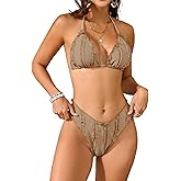 seamoly Women's Triangle Bikini Set V-Waist Bottoms Halter Neck Ruffle Bowknot High Cut Swimwear Coffee