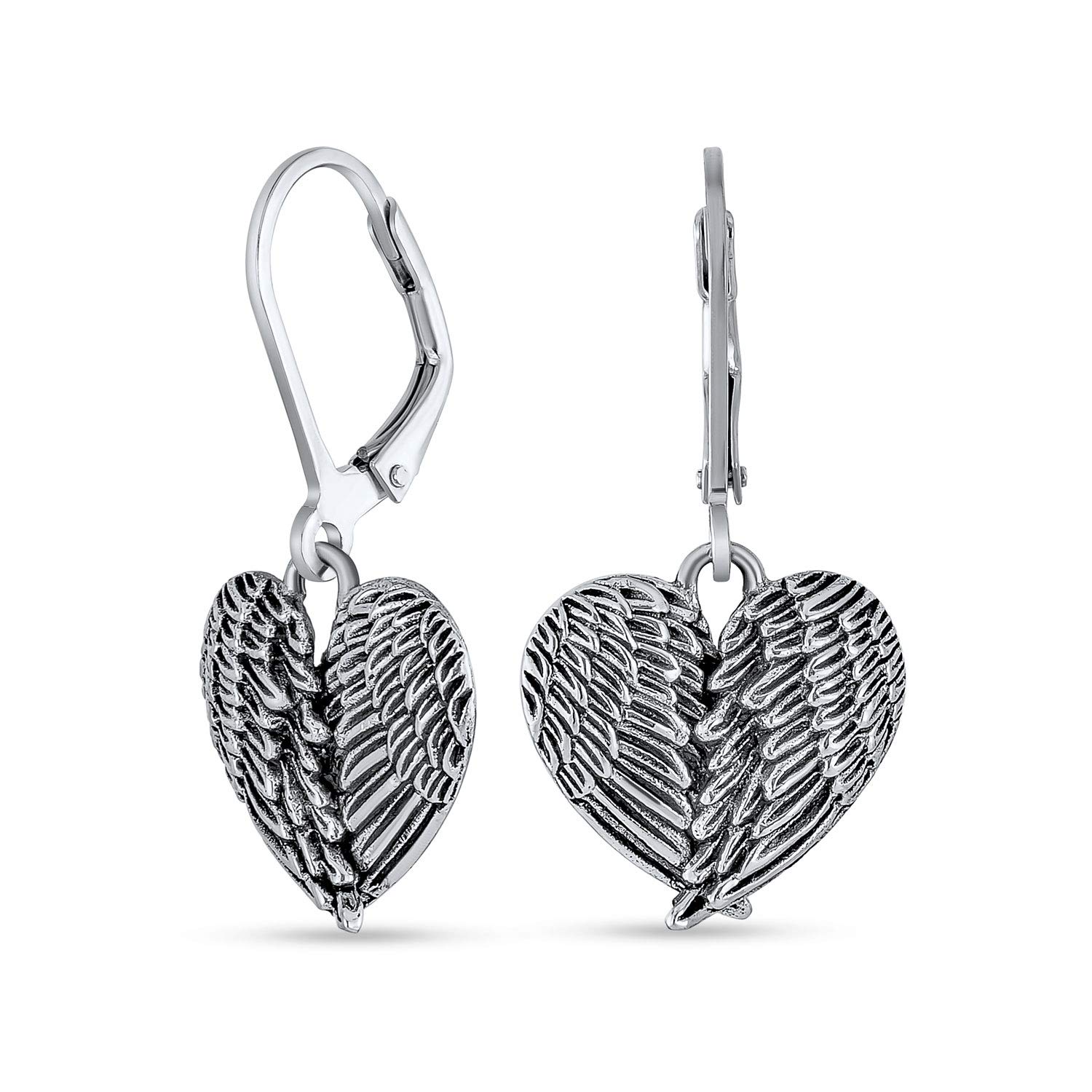 Spiritual Amulet Heart Shaped Guardian Angel Wings Feather Dangle Earrings For Women Teens Oxidized .925 Sterling Silver Lever Back
