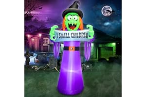 FUNFANSO 8FT Halloween Inflatable Witch Outdoor Decoration, Lighted Blow Up Yard Decor with Banner I Smell Children, Ghost Built-in Bright LED Light for Home Garden Ground Lawn Patio Outside Holiday Party Prop