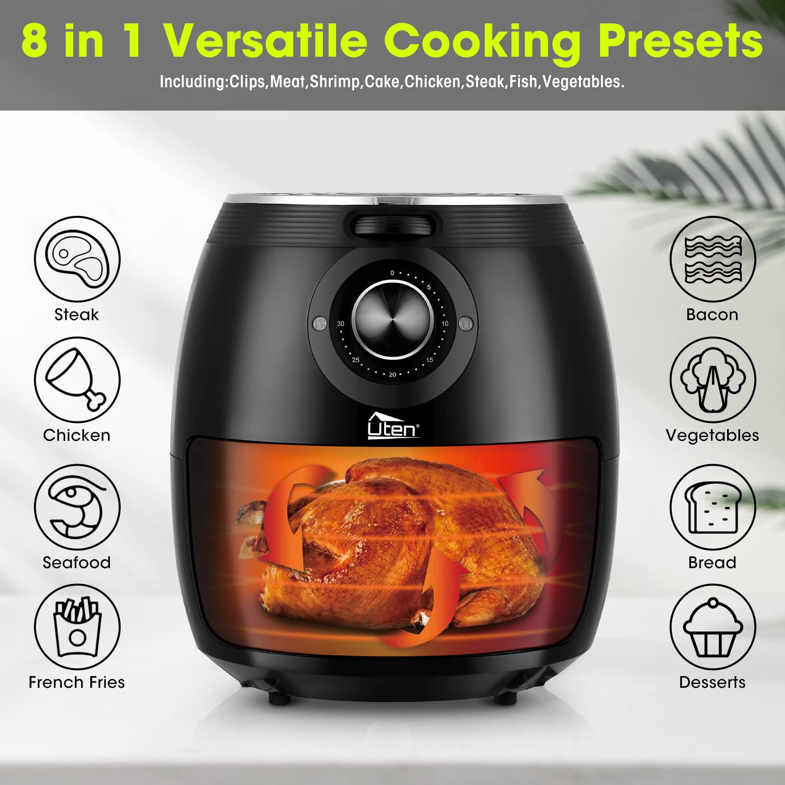 Freidora de aire 5.8QT/5.5L, Uten 1700W AirFryer Control de temperatura caliente eléctrica de alta potencia y perilla del temporizador, cesta para freír antiadherente, apta para lavavajillas, aplicar a fiestas, té de la tarde, negro