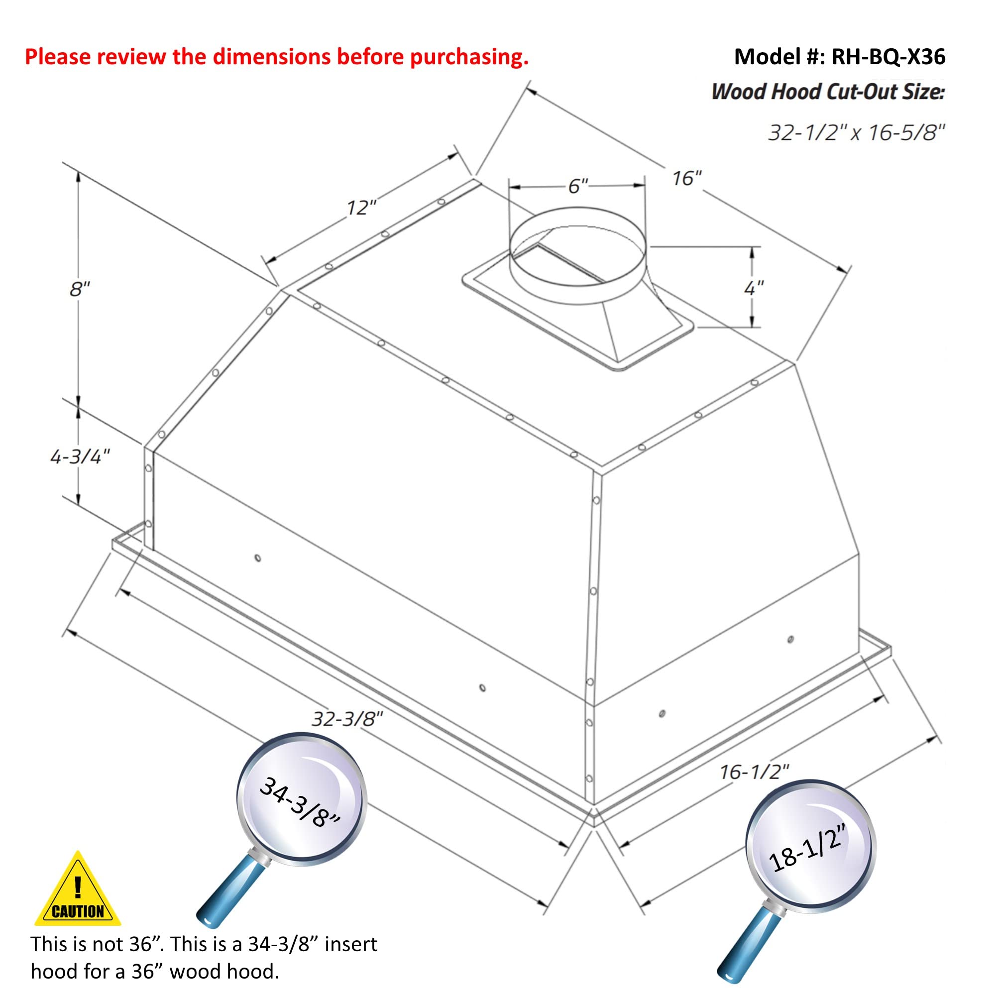 Awoco RH-BQ-X36 18.5” Depth Ducted Built-in/Insert Stainless Steel Range Hood, 4-Speed, 700 CFM, LED Lights, Baffle Filters for Wood Hood (36” Ducted)