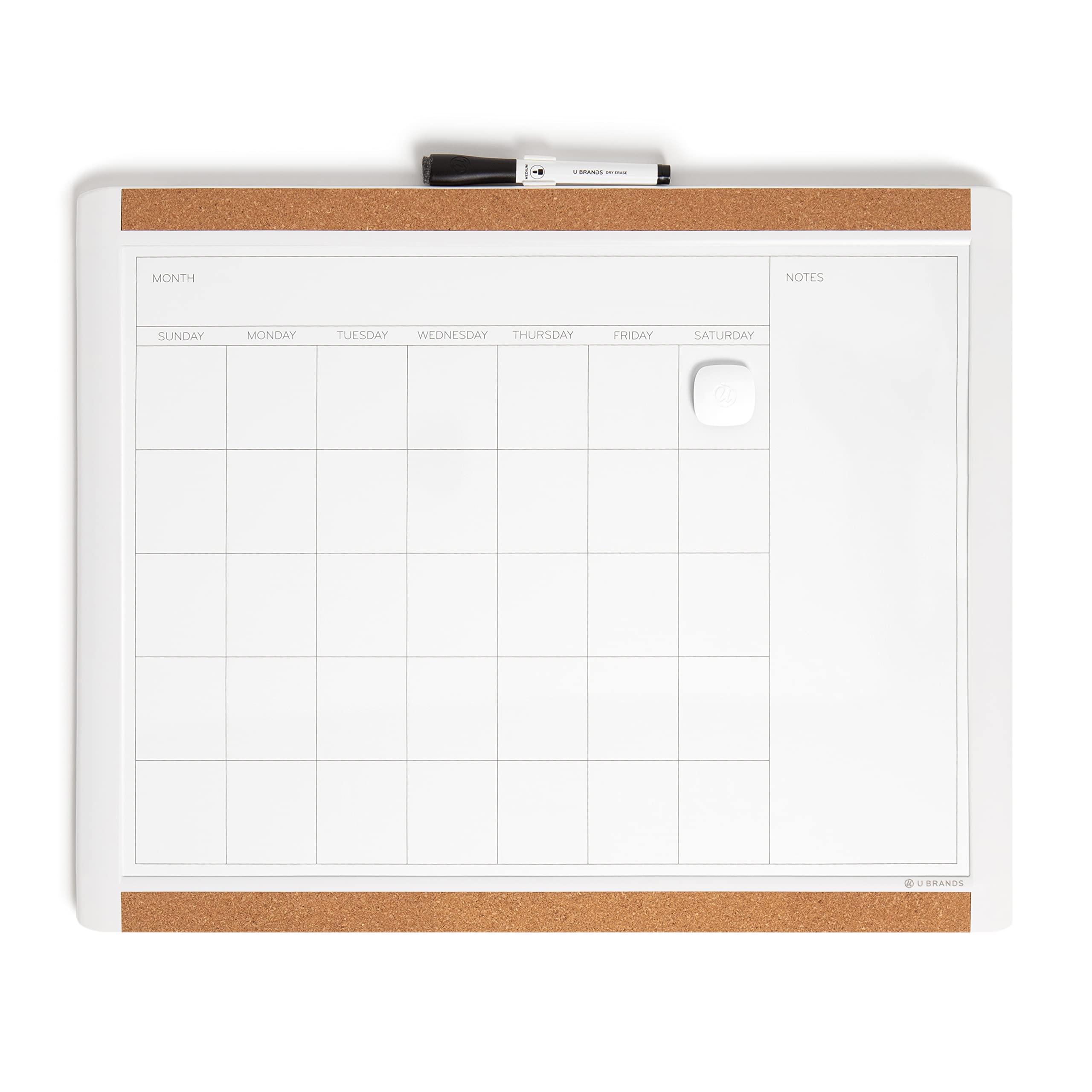 U Brands Whiteboard Planner, Magnetic Dry Wipe Calendar Board 51x41 cm with White Pin-It Frame, Includes Marker, Marker Clip and Magnet, Wall Mount White Board for Home, School, Office