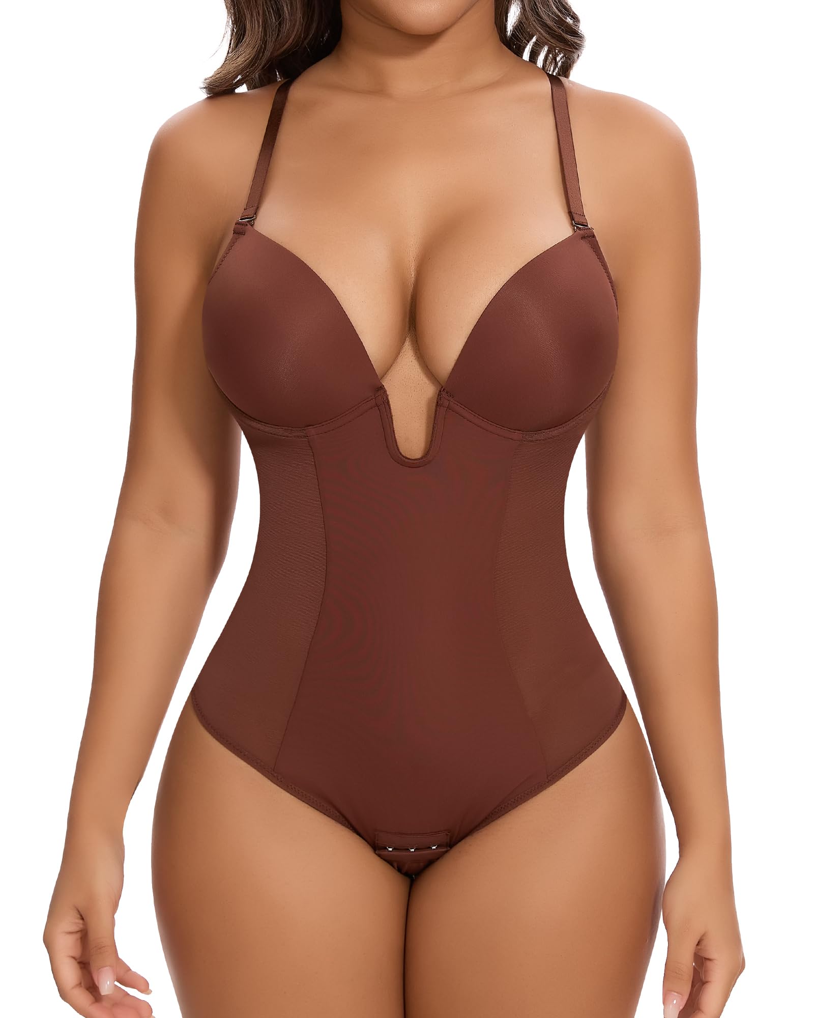 Photo 1 of SHAPERIN Women's Backless Body Shaper Bra Faja U Plunge Low Back Thong Shapewear Tummy Control Deep V Bodysuit (Large,Brown)