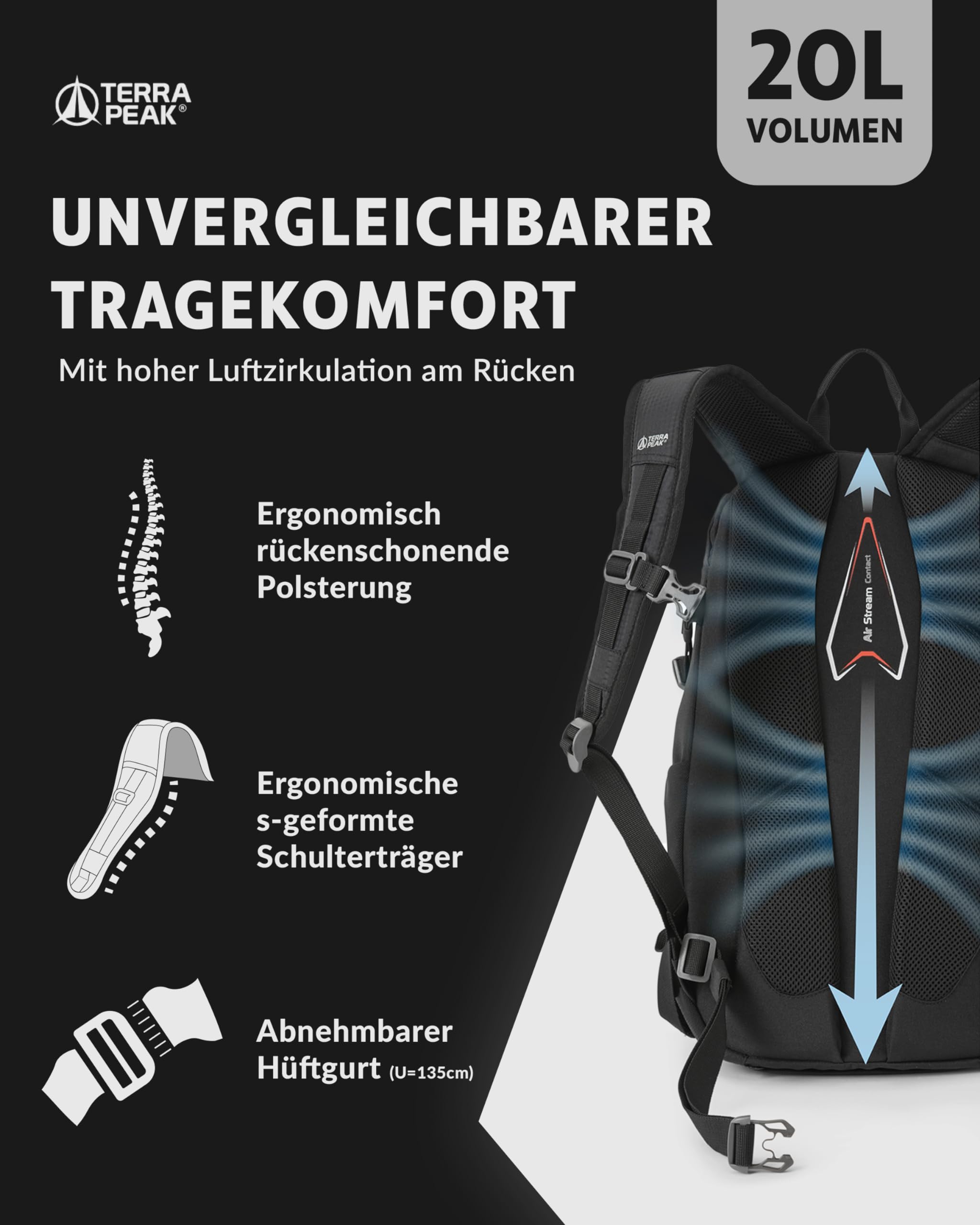 Terra Peak® Premium Wanderrucksack 20L (FLEX 20) Damen Herren & Erwachsene klein schwarz - Trekking-Rucksack wasserdicht - Daypack Rucksack & Tagesrucksack mit Trinksystem, Rückenbelüftung zum Wandern 4