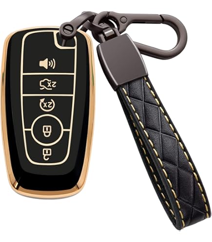 For Ford Key Fob Cover With Keychain, Leather Car Key Case Full Protector Fit For Explorer Mustang Fusion F150 Edge Lincoln MKZ MKC Nautilus, Black