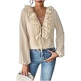SweatyRocks Women's Ruffle Tie Front Blouses V Neck Chiffon Frill Trim Casual Work Shirts