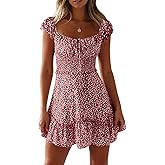 YOBECHO Womens Summer Sexy Sweetheart Collar Printed Ruffle Mini Dress
