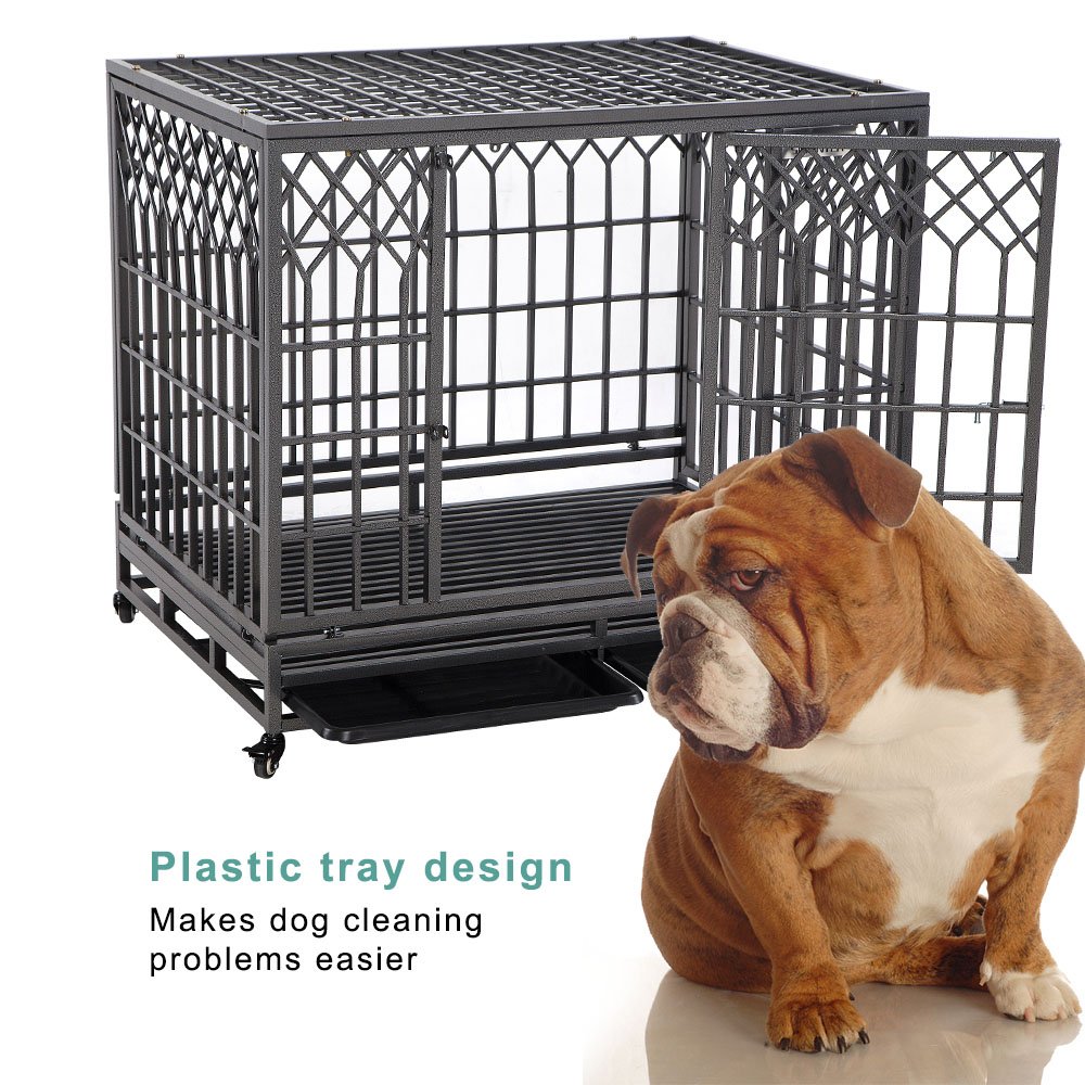 SMONTER Heavy Duty Dog Crate Strong Metal Pet Kennel Playpen with Two Prevent Escape Lock, Large Dogs Cage with Wheels, Y Shape, Dark Silver … … … …