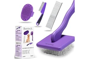 Bonteck Dog Slicker Brush for Dogs Grooming Kit 4PCS | Large Dog Brush for Goldendoodles Poodles Doodles | Long Pin Haired Brush | Poodle Brushes and Comb (Purple)