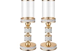 Dounx Pillar Candle Holder with Glass Wind Proof, Metal Hurricane Holders, Gold Crystal Candle Stand for Table Centerpieces, Home Decor, Wedding, Dining Table (M, 2PCS)