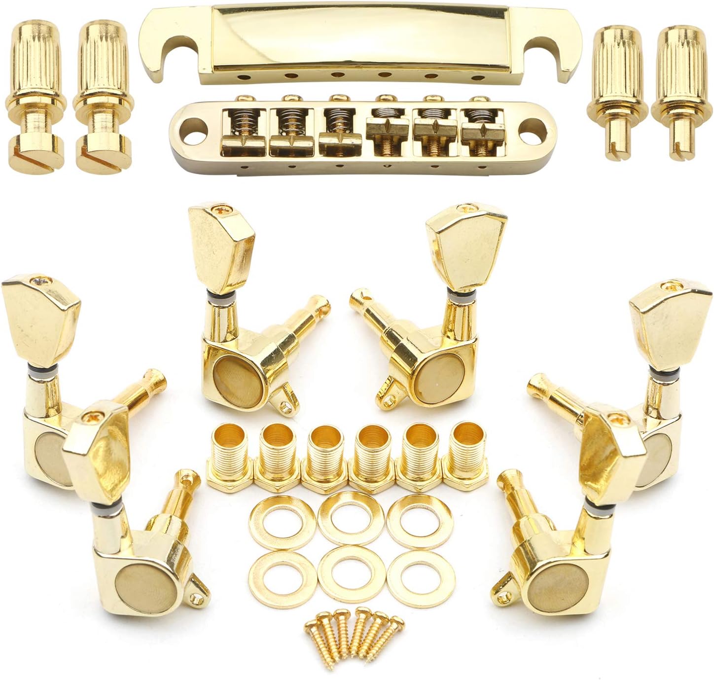 Unxuey Gold Guitar Saddle Bridge Tune-O-Matic Roller Tailpiece and 3L3R Tuning Pegs Keys Set Parts for Les Paul Electric Guitar