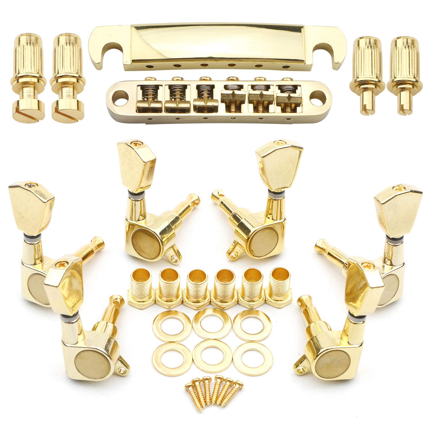 Unxuey Gold Guitar Saddle Bridge Tune-O-Matic Roller Tailpiece and 3L3R Tuning Pegs Keys Set Parts for Les Paul Electric Guitar