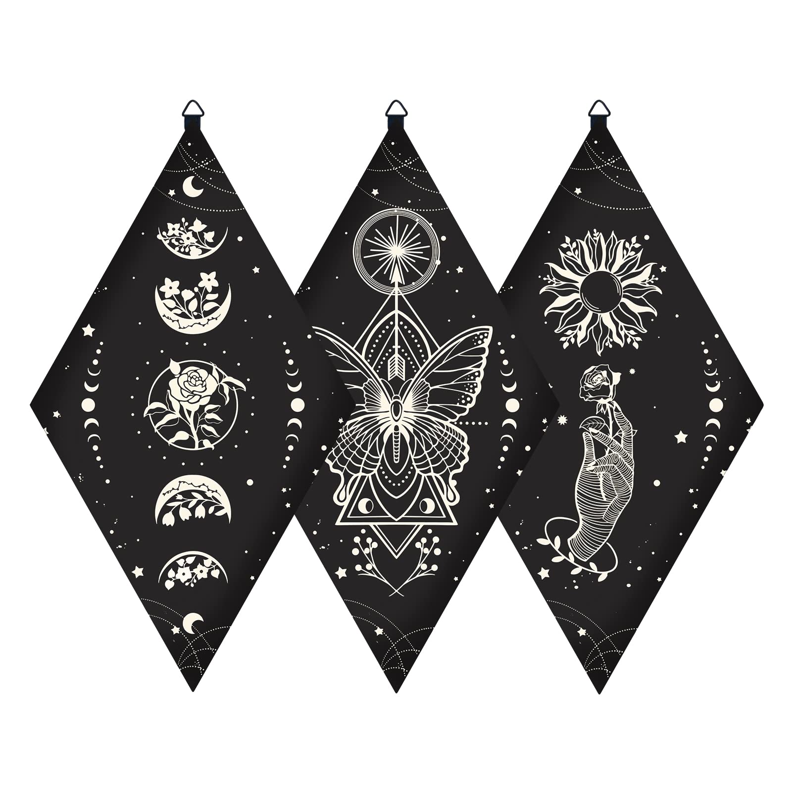 CRASPIRE Wooden Wall Decorations Boho 3pcs Black Wooden Pendulum Board Flowers Butterflies Hands Wall Hanging Ornament Rhombus Wall Art with Tarot Patterns for Witchcraft Wiccan Altar Supplies