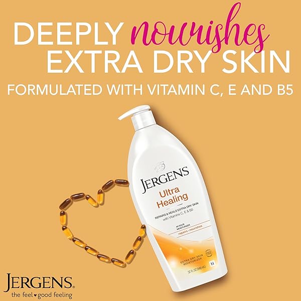 JERGENS ULTRA HEALING DRY SKIN LOTION, HAND AND BODY MOISTURIZER FOR QUICK ABSORPTION INTO EXTRA DRY SKIN WITH HYDRALUCENCE BLEND, VITAMINS C, E AND B5, WHITE, 32OZ