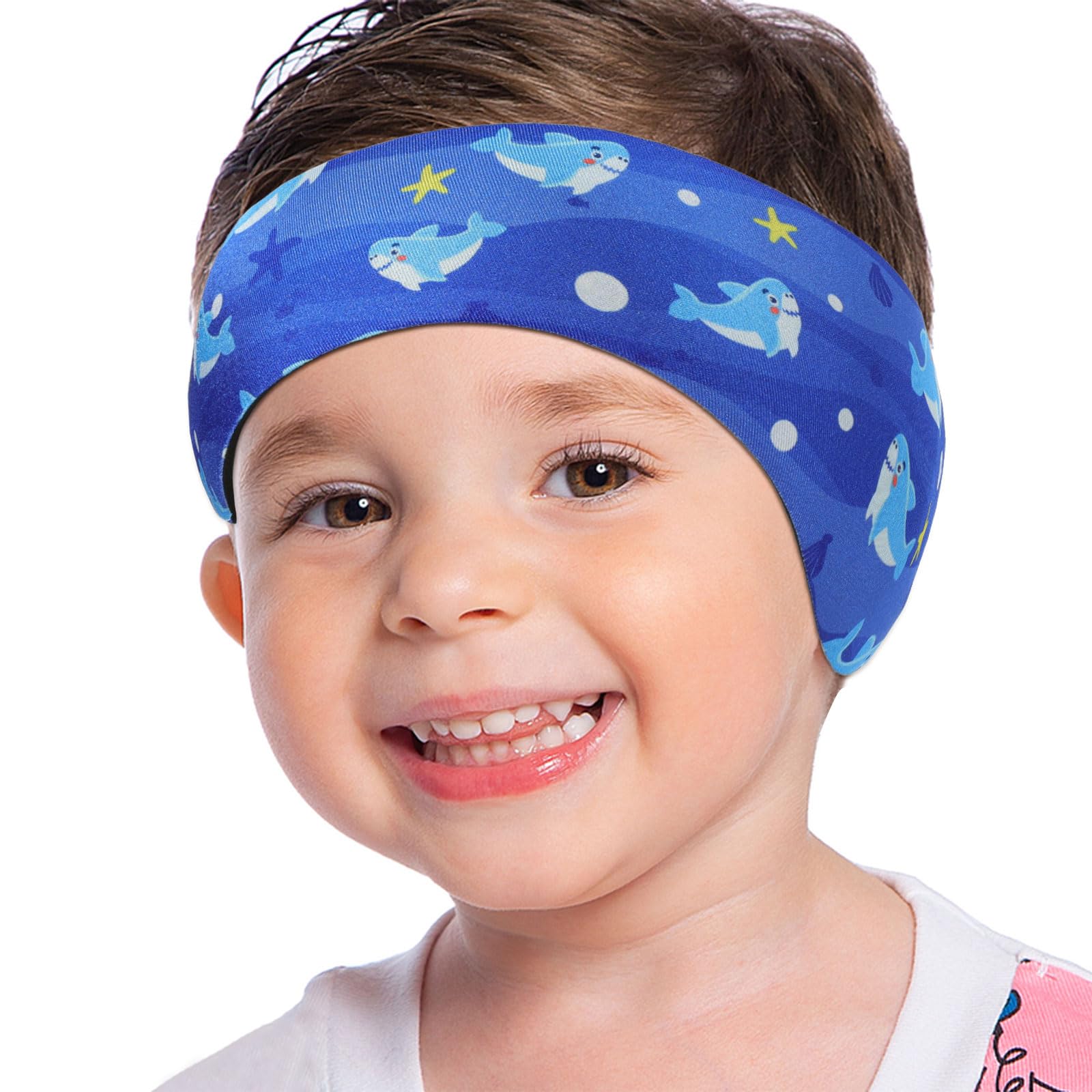 MoKo Swimming Headband for Kids, Cute Swinmmers Headband Ear Band for Kids Keep Water Out Waterproof Ear Protection Band for Bathing Swimming Ear Band, M Size - Dark Blue Shark