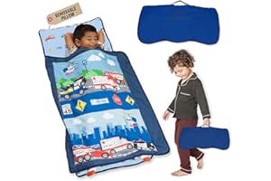 EVERYDAY KIDS Toddler Nap Mat with Removable Pillow -Fire Police Rescue- Carry Handle Fastening Straps Closure, Rollup Design, Soft Microfiber for Preschool, Daycare, Sleeping Bag -Ages 2-6 years