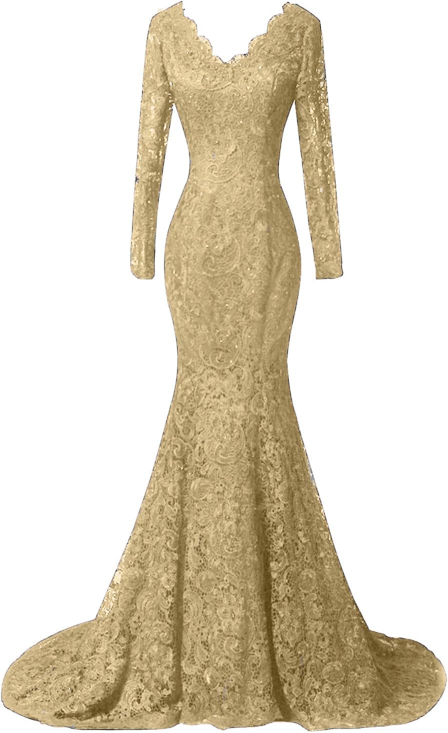 DKBridal Women's Long Sleeves Mermaid Formal Prom Evening Dresses Lace Beaded Party Ball Gowns