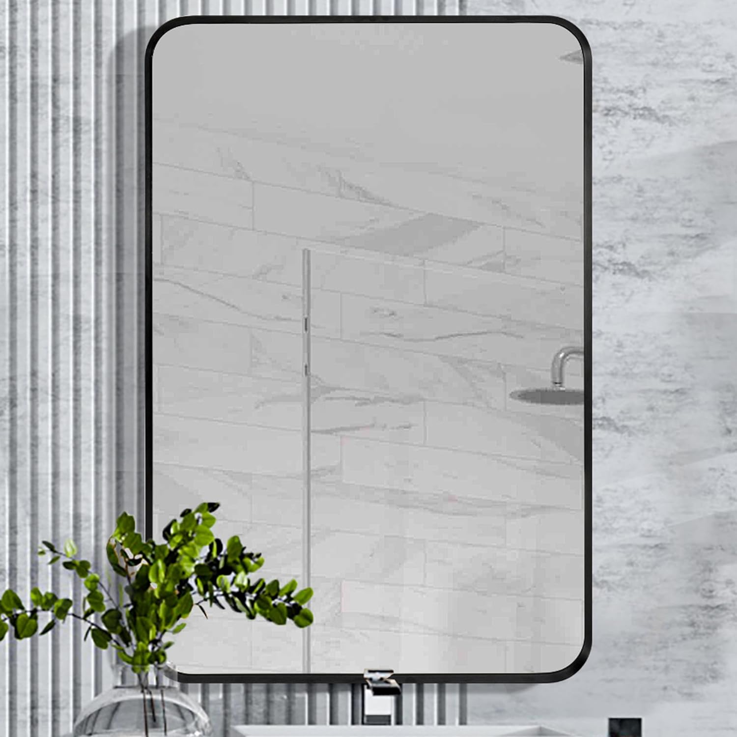 Mirrors - Aldado Black Bathroom Wall Mirror, 20x30 Inch Vanity Mirror, Brushed Matte Black Aluminum Alloy Metal Frame Rounded Corner Rectangular Mirror for Modern Farmhouse Home Decor