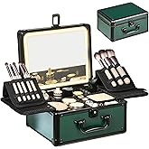 GALHUBIS Makeup Case with Lighted Mirror, Makeup Box Organizer with Detachable LED Mirror, Travel Makeup Train Case, Waterproof Cosmetic Organizer, Standing Makeup Brush Holder, Gift, Black Green