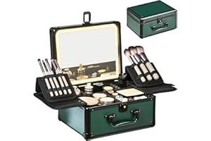 GALHUBIS Makeup Case with Lighted Mirror, Makeup Box Organizer with Detachable LED Mirror, Travel Makeup Train Case, Waterproof Cosmetic Organizer, Standing Makeup Brush Holder, Gift, Black Green
