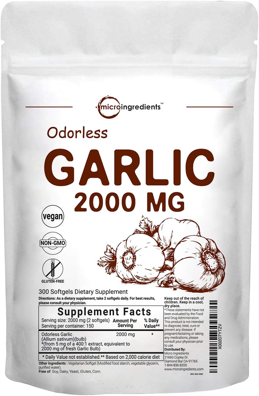 Maximum Strength Odorless Garlic Pills (Garlic Extract Supplements), 2000mg Per Serving, 300 Soft-gels, Pure and Potent Garlic Allium Sativum Supplement, 150 Days Supply, Non-GMO: Garden & Outdoor