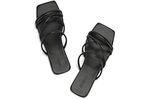 DOBOLIN Women's Flat Sandals Strappy Square Open Toe Slide Sandals Dressy Comfortable Wide Feet Friendly