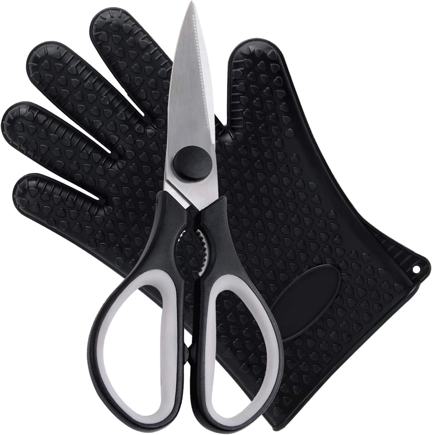 Kitchen Shears Kitchen Scissors Heavy Duty Dishwasher Safe Stainless Steel Sharp for Cutting Poultry Chicken Meat Fish Vegetables Soft Grip Handles, with Heat Resistant Silicone BBQ Cooking Gloves